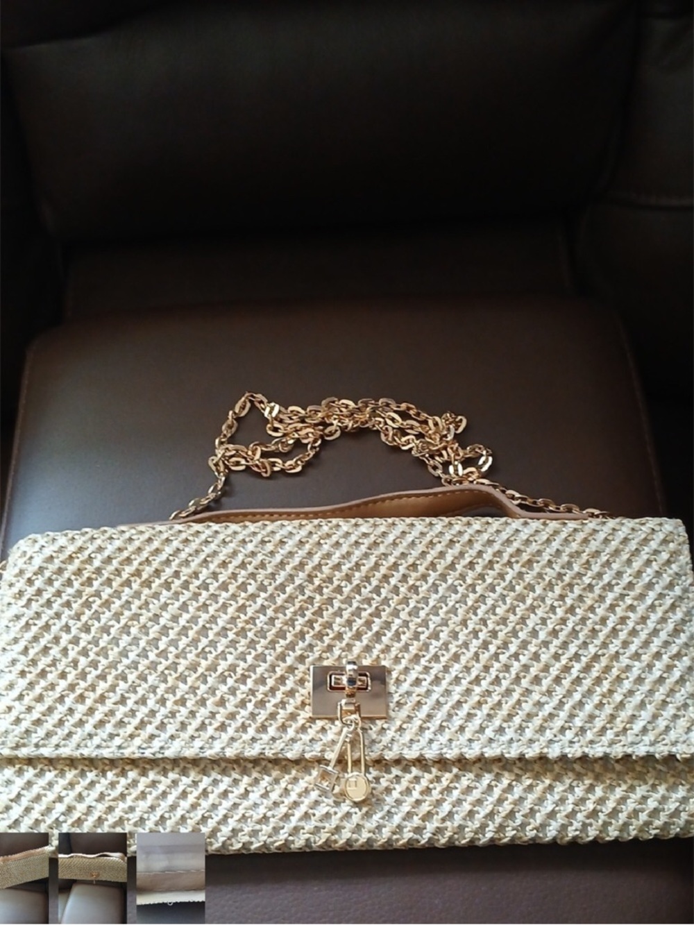 Amazon Beige Woven Crossbody Bag with Gold Chain